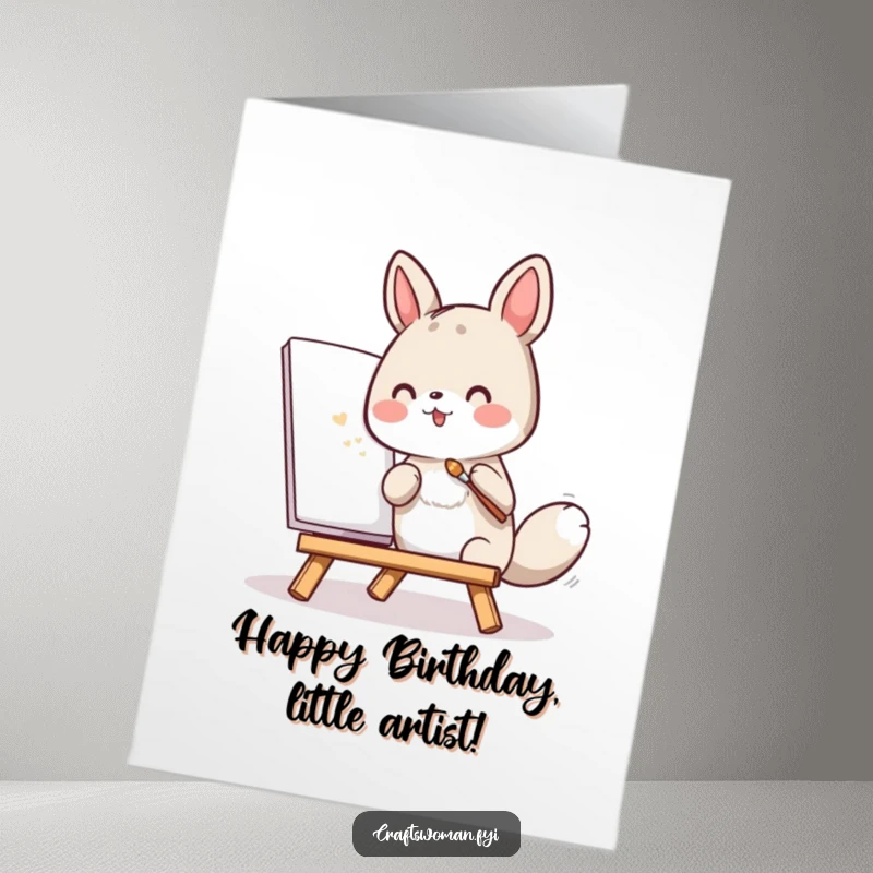 Funny Free Printable Birthday Card: An animal character enthusiastically paints a canvas with a tiny brush, celebrating a birthday with art.