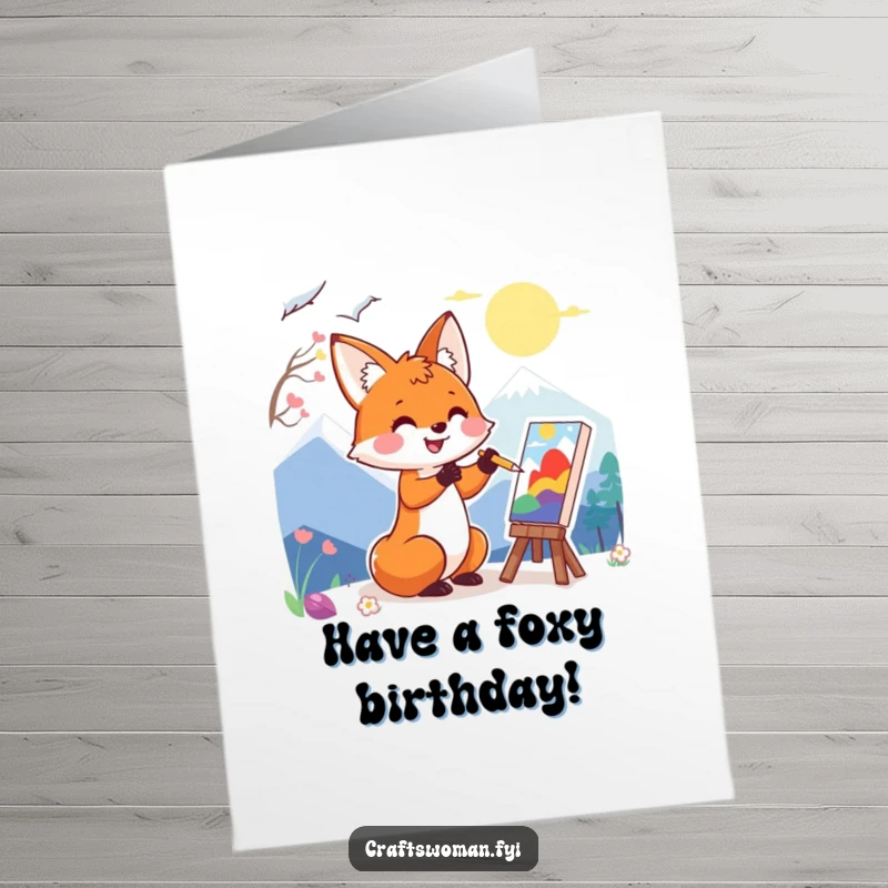 Funny Free Printable Fox Birthday Card: A happy fox enthusiastically painting a colorful landscape, a creative DIY gift.