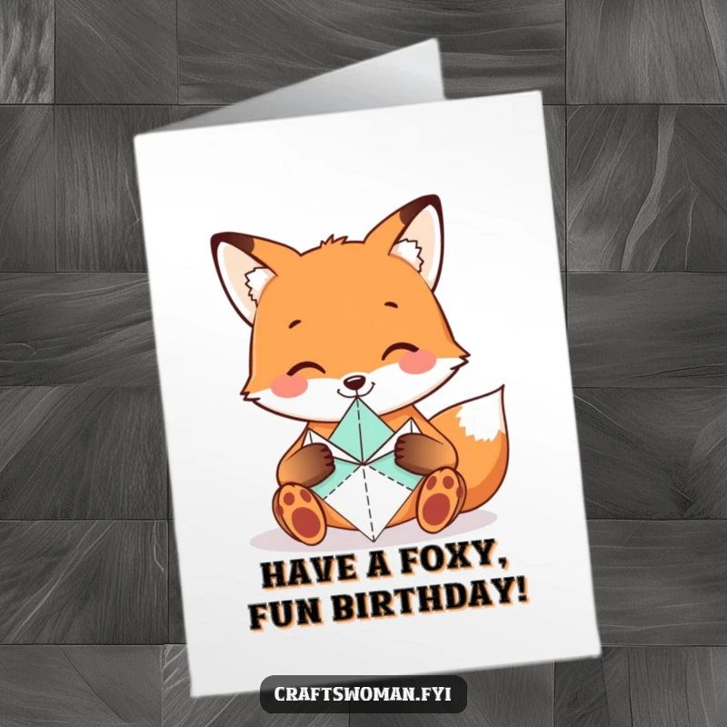 Funny Free Printable Birthday Card depicting a smiling fox meticulously folding origami shapes with its tiny paws, crafting birthday wishes.