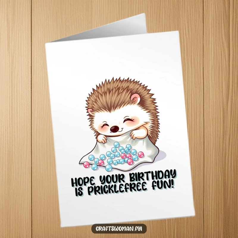 Funny Free Printable hedgehog carefully arranging sparkling beads onto a piece of cloth with a cheerful expression, radiating craftiness.