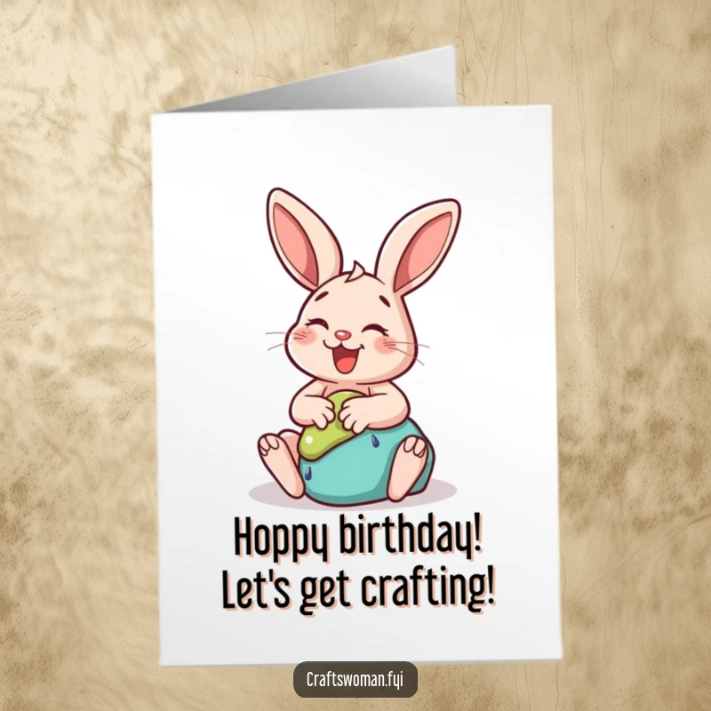 Funny Free Printable Birthday Card: Happy rabbit gleefully sculpting a whimsical clay shape with a big smile.
