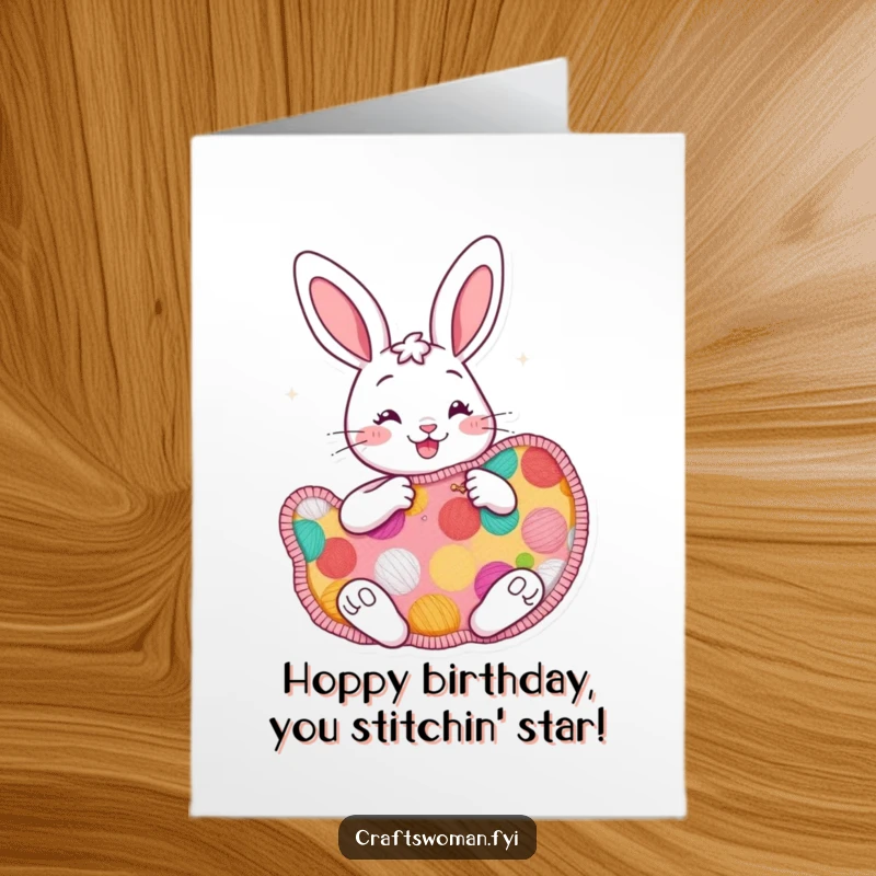 Funny Free Printable Birthday Card: Cheerful bunny character enthusiastically sewing a large, colorful patch for a birthday celebration.