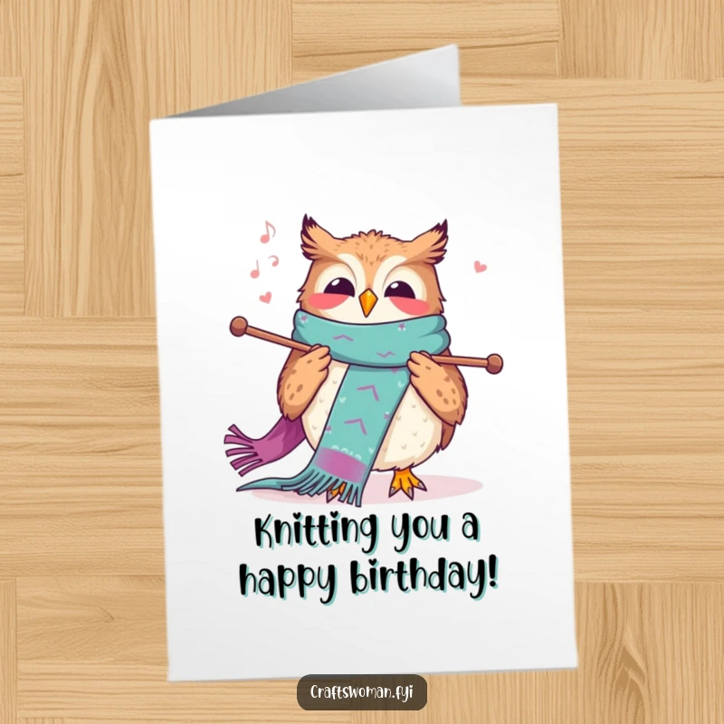 Funny Free Printable Birthday Card: A joyful owl happily humming while knitting a long, colorful scarf, wishing you happy birthday.
