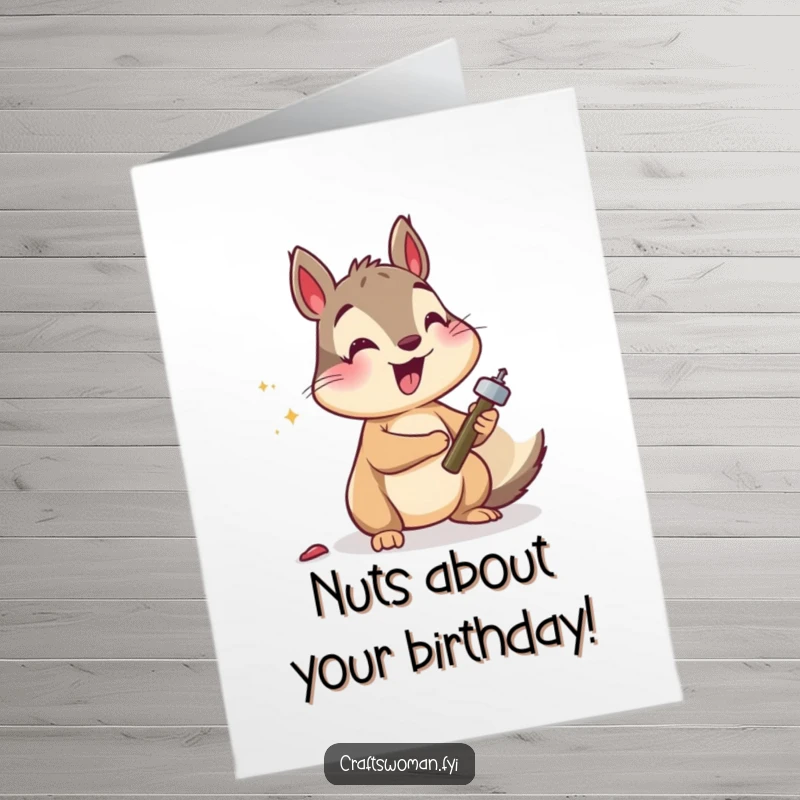 Funny Free Printable Birthday Card: A busy squirrel joyfully hammering a tiny nail, perfect for a DIY gift.