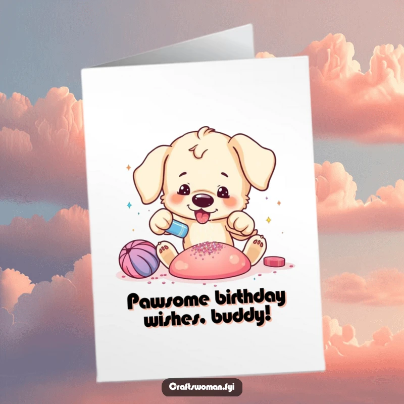 Funny Free Printable Birthday Card: Playful puppy excitedly adding glitter to a vibrant craft creation with a happy expression.