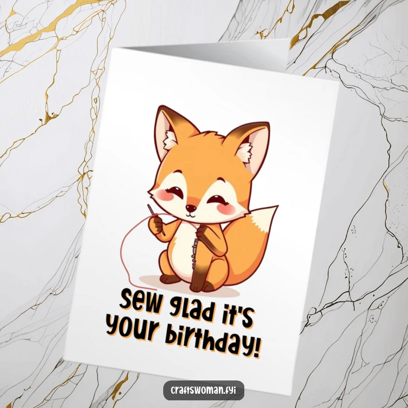 Funny free printable birthday card featuring a playful fox clumsily sewing a ripped seam with a needle and thread.
