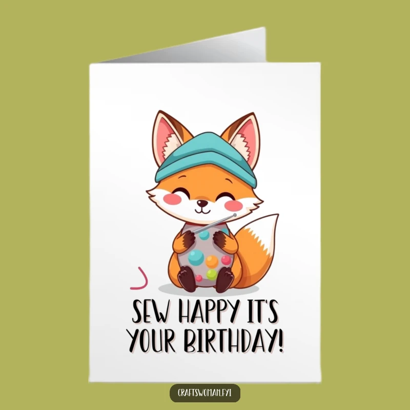 Free Printable Funny Birthday Card: Kawaii Fox Sewing