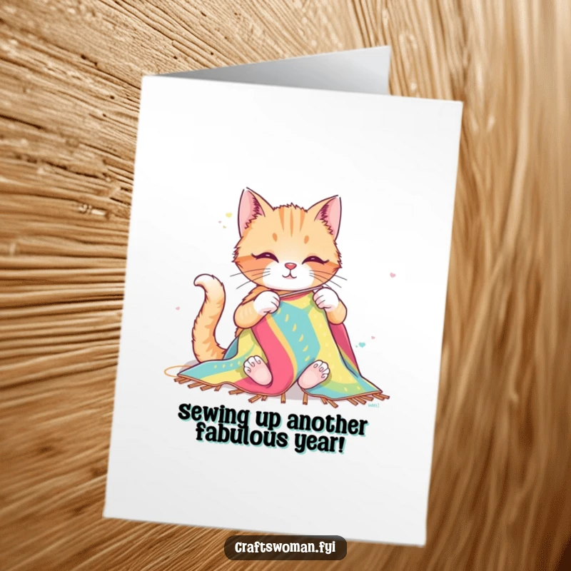 Funny Free Printable Birthday Card: Adorable cat joyfully sews a huge, colorful textile with oversized needles and thread.