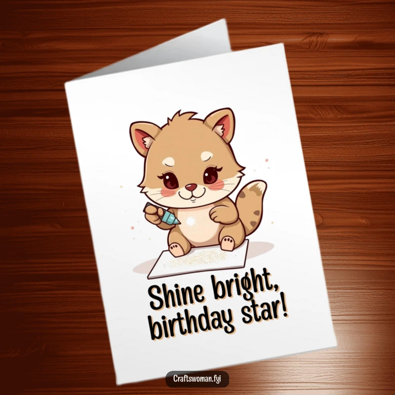 Funny Free Printable Birthday Card: A determined animal character carefully glues sparkling glitter onto a handmade card, creating a festive birthday message.