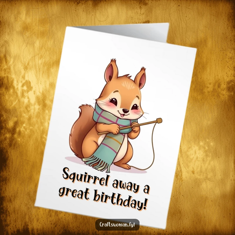 Funny Free Printable Birthday Card: Cute squirrel happily stitching a vibrant scarf with a large needle, cozy and cheerful.