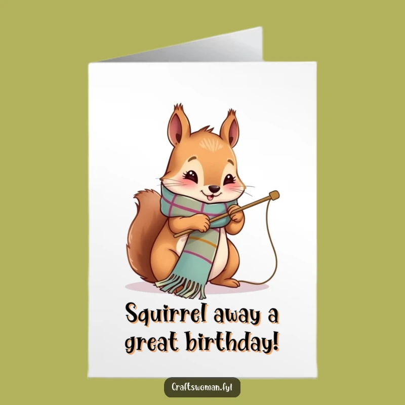 Free Printable Birthday Card: Squirrel Stitching Scarf, Cozy Craft Fun Downloadable