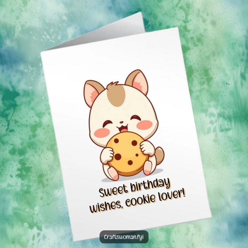 Funny Free Printable Birthday Card: A joyful animal character beams at a freshly baked cookie, holding it with happy little hands, pure delight.