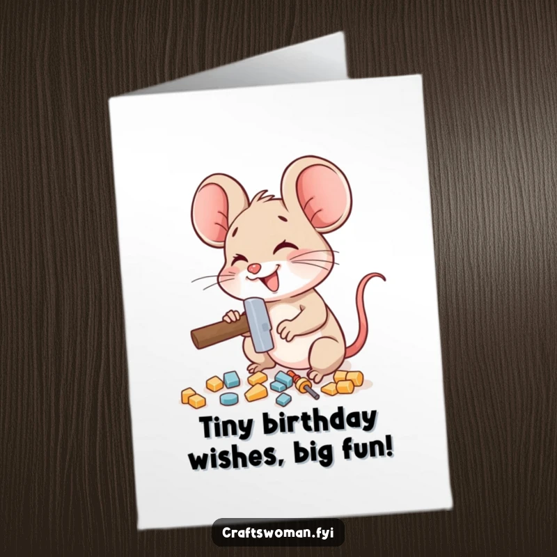 Funny Free Printable Birthday Card: Delighted mouse character using a miniature hammer to assemble small pieces with focus.