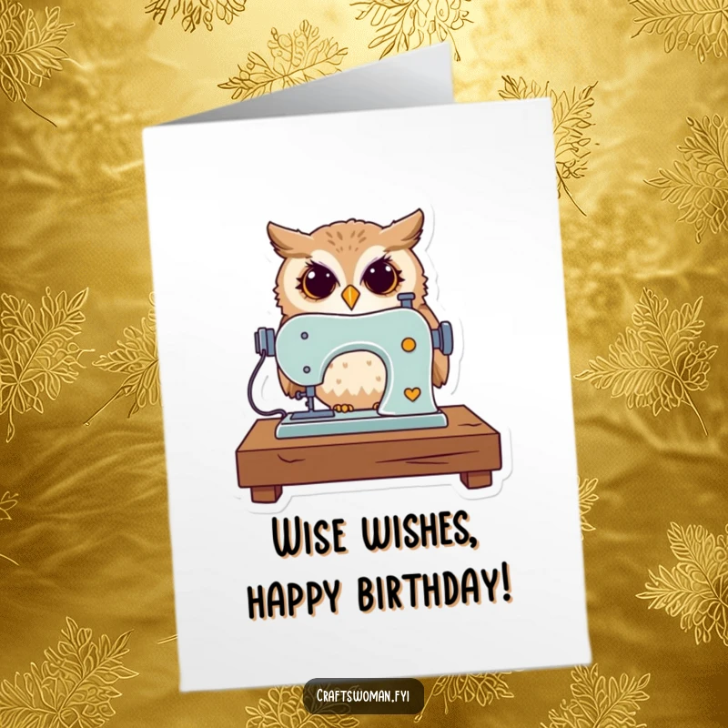 Funny Free Printable Birthday Card: A curious owl with glasses intently operates a tiny sewing machine.