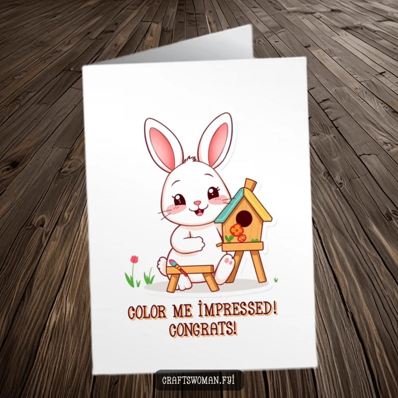 Funny free printable congratulations card showing a happy rabbit painting a small birdhouse with bright, vibrant colors.