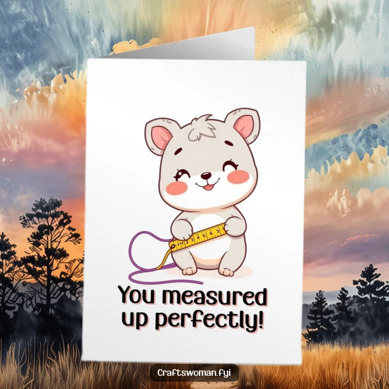 Funny Free Printable Congratulations Card: A happy animal character diligently measures a length of colorful yarn with a tape measure.