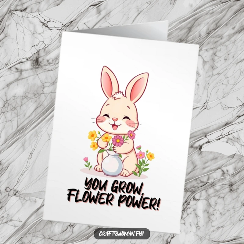 Funny Free Printable Congratulations Card: A giggling bunny arranging flowers with flourish, symbolizing success, great gift.
