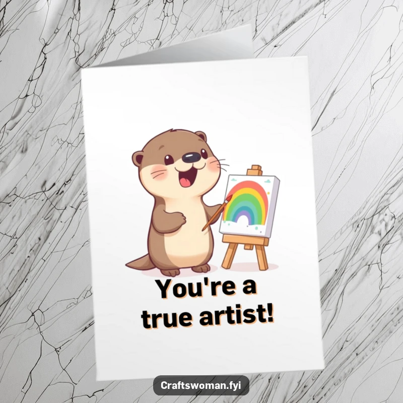 Funny Free Printable Congratulations Card: An otter enthusiastically painting a rainbow, symbolizing a colorful success, great gift.