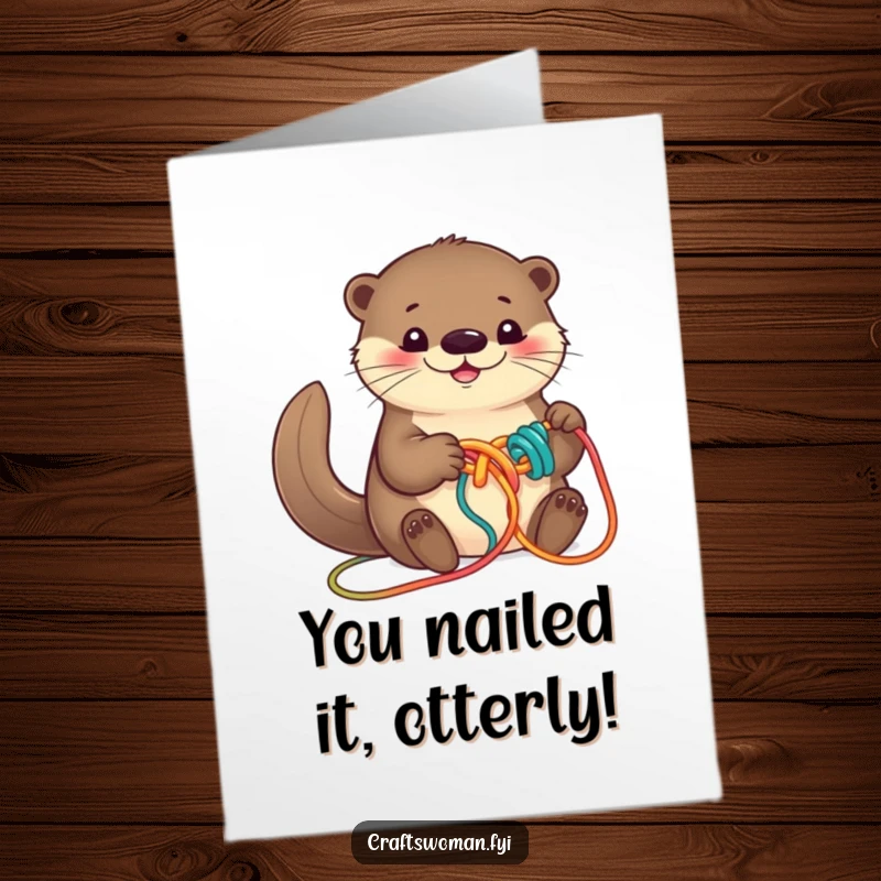 Funny Free Printable Congratulations Card: Cheerful otter enthusiastically knots colorful yarn, celebrating success with delightful humor.