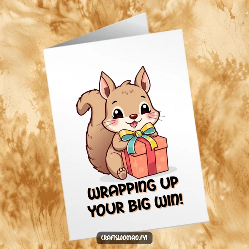 Funny Free Printable Congratulations Card: Cute squirrel wrapping a gift, symbolizing celebratory success.