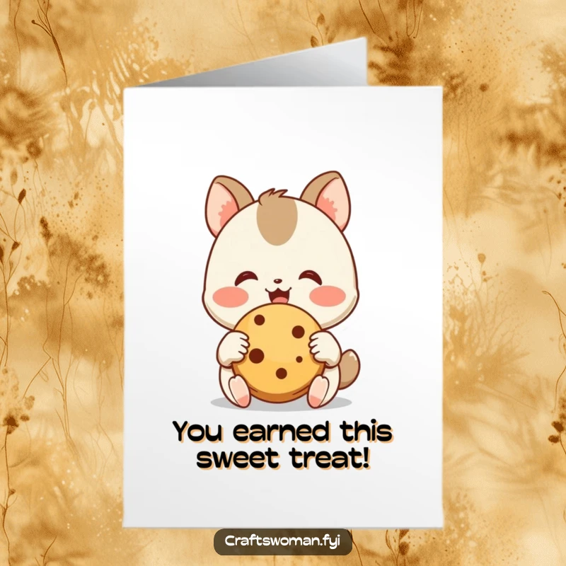 Funny Free Printable Congrats Card: A joyful animal character happily admires a delicious freshly baked cookie with pure delight in their little hands.