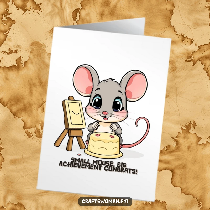 Funny free printable congratulations card featuring a mouse with wide, impressed eyes looking at a completed masterpiece.