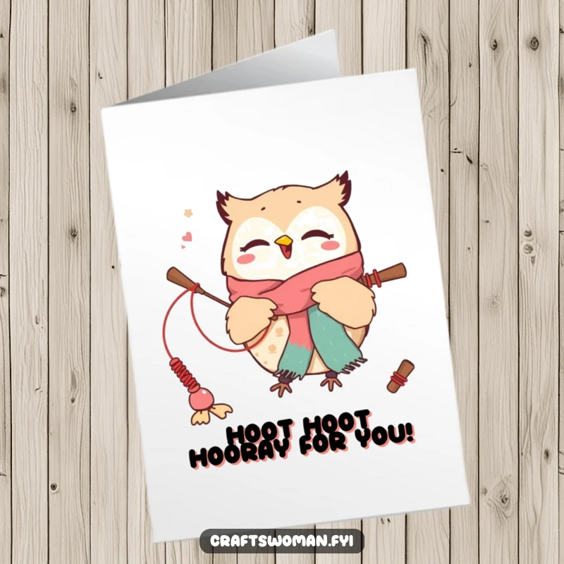 Funny Free Printable Owl Congratulations Card: A cute owl excitedly weaving a scarf, a unique DIY gift.