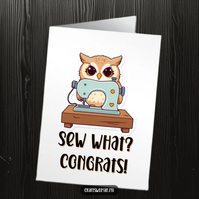 Funny Free Printable Congratulations Card: An owl with intense focus expertly uses a miniature sewing machine.