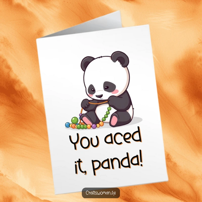 Funny Free Printable Panda Congratulations Card: Skillful panda meticulously threading beads, a symbol of focused achievement and celebration.