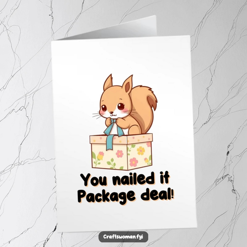 Funny free printable congratulations card showing a squirrel happily tying a ribbon on a celebratory gift box.