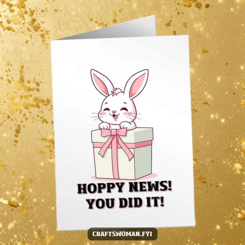 Funny Free Printable Congratulations Card: A giggling bunny expertly ties a ribbon on a perfectly wrapped gift box, signifying success.