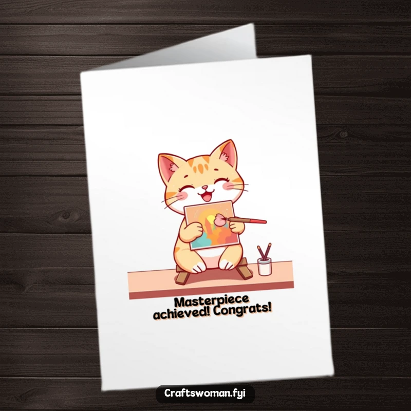 Funny Free Printable Congratulations Card: A happy cat painter proudly displays their vibrant artwork, celebrating success.