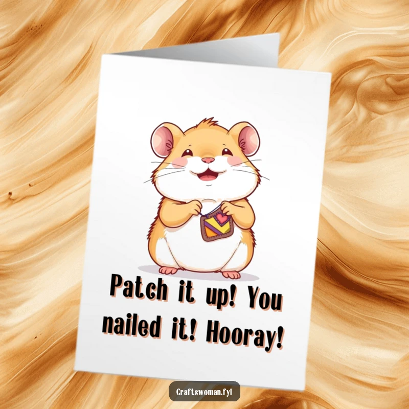 Funny Free Printable hamster sewing a tiny, colorful patch onto a garment, celebrating achievements with humor.