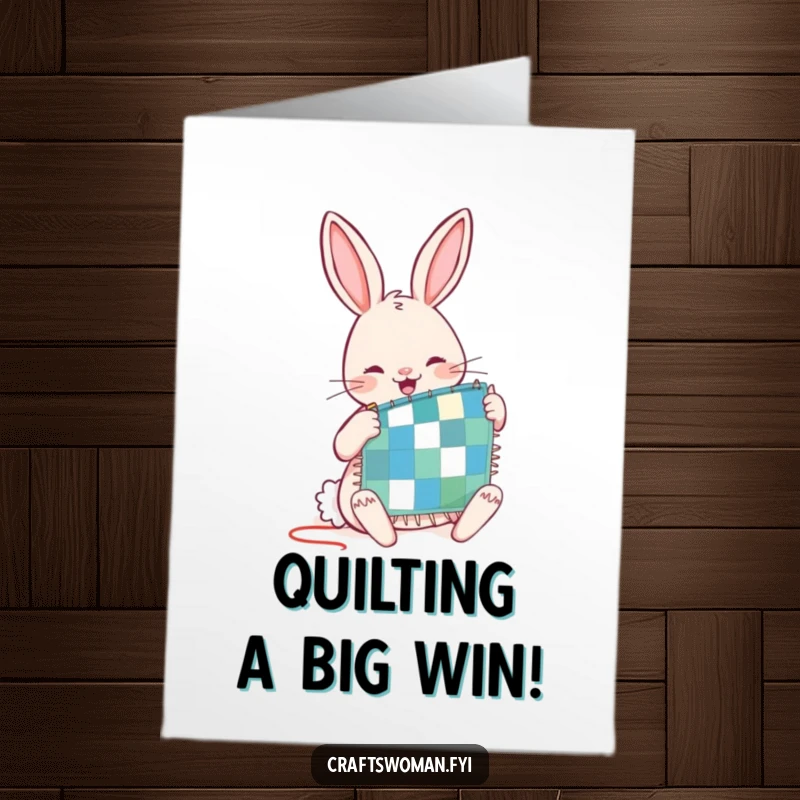 Funny Free Printable Rabbit Congratulations Card: A joyful rabbit diligently stitching a quilt, a heartwarming DIY gift.