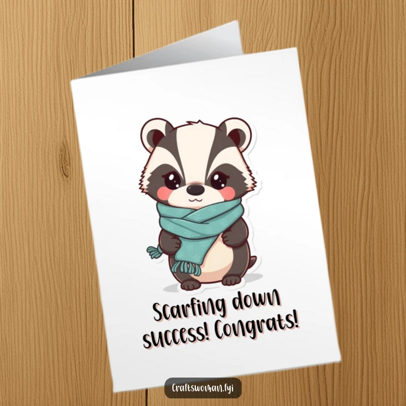 Funny Free Printable Congrats Card: A whimsical badger proudly displays a charmingly lopsided knitted scarf, celebrating success.