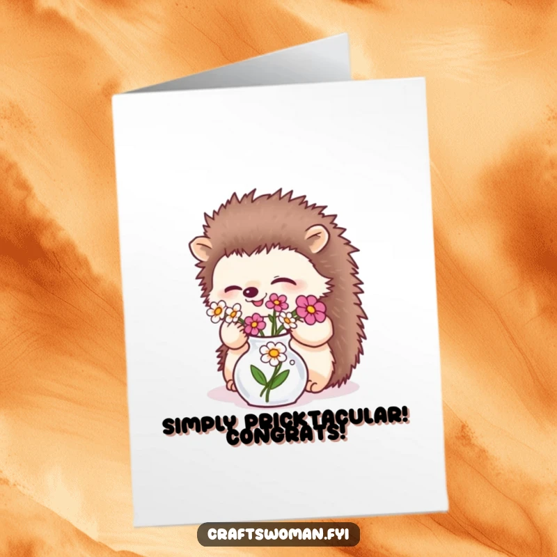 Funny free printable congratulations card showing a giggling hedgehog arranging delicate flowers in a miniature vase.