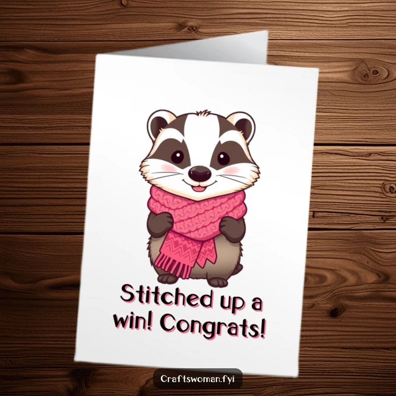 Funny Free Printable Congratulations Card: A badger beaming with pride while displaying a beautifully knitted scarf.