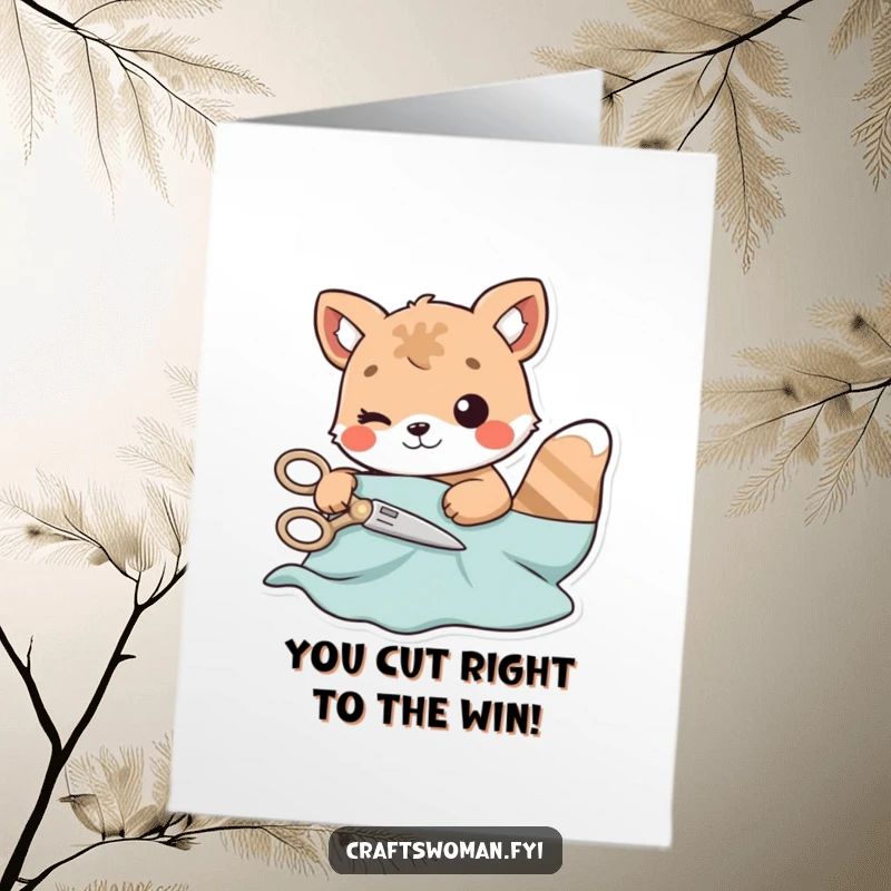 Funny Free Printable Congratulations Card: A focused animal character skillfully cuts a piece of material with tiny, playful scissors.
