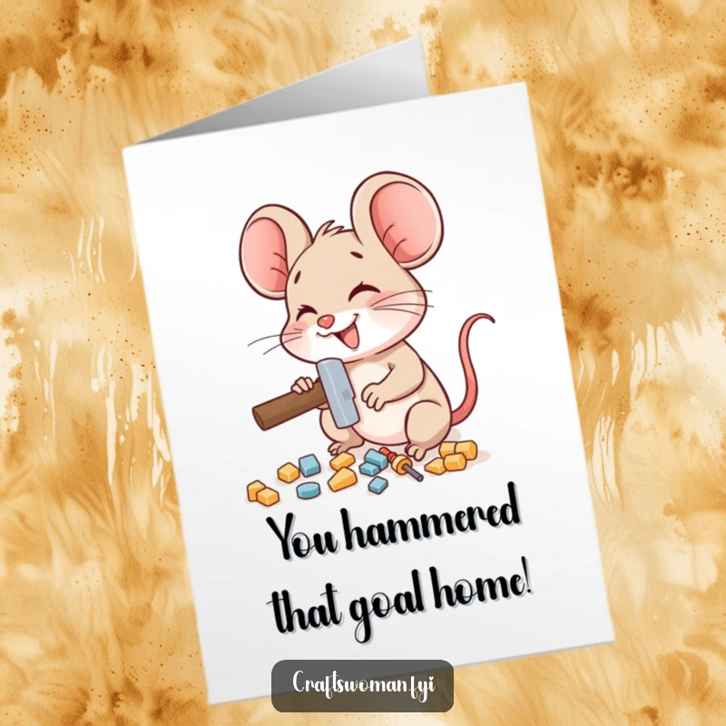 Funny Free Printable Congrats Card: Delighted mouse character using a miniature hammer to assemble small pieces, celebrating success.