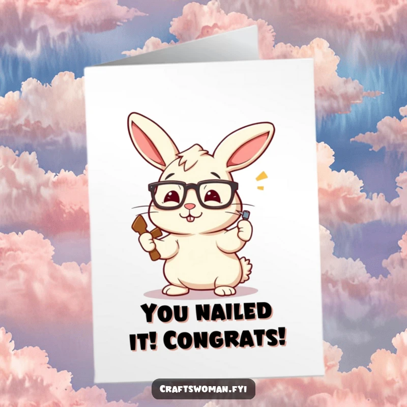 Funny Free Printable Congrats Card: A cheerful rabbit with askew glasses hammers a nail, celebrating achievement with DIY spirit.