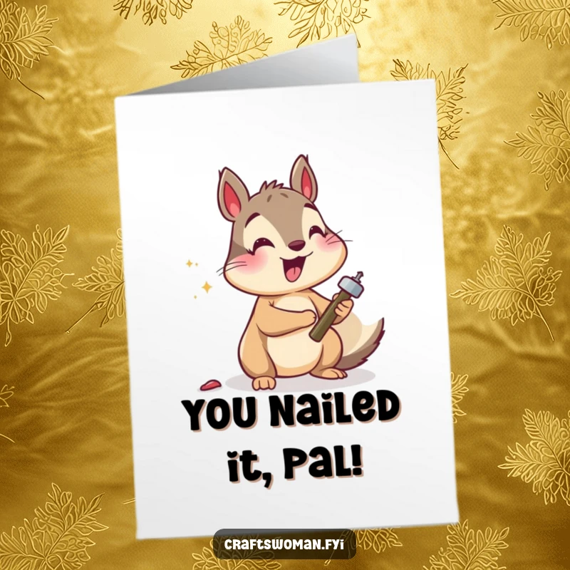 Funny Free Printable Congratulations Card: A focused squirrel hammering a nail, symbolizing a DIY accomplishment, great for gifts.