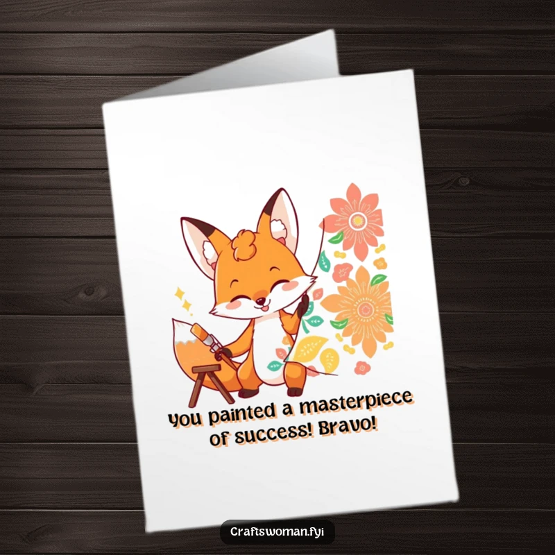 Funny Free Printable fox painting a vibrant pattern onto fabric, celebrating success with artistic enthusiasm.
