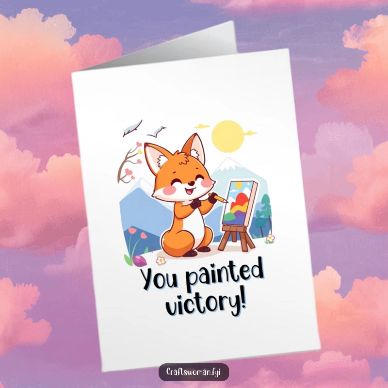 Funny Free Printable Fox Congratulations Card: A happy fox painting a vibrant landscape, a creative DIY gift.