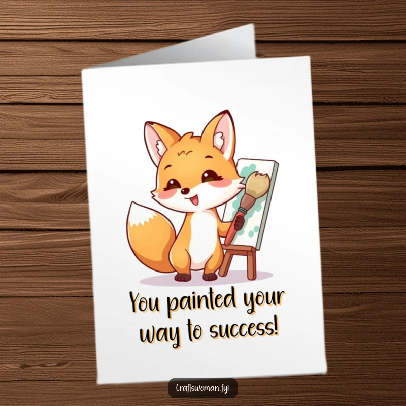 Funny Free Printable Congratulations Card: Enthusiastic fox artist triumphantly paints a masterpiece, celebrating success with color.
