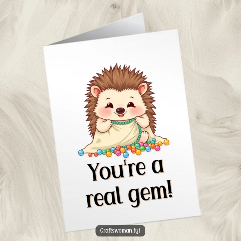 Funny Free Printable Congratulations Card: Happy hedgehog carefully places sparkling beads, celebrating achievements with delightful detail.