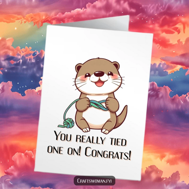 Funny Free Printable otter knotting colorful yarn into a playful design, celebrating achievements with a humorous touch.
