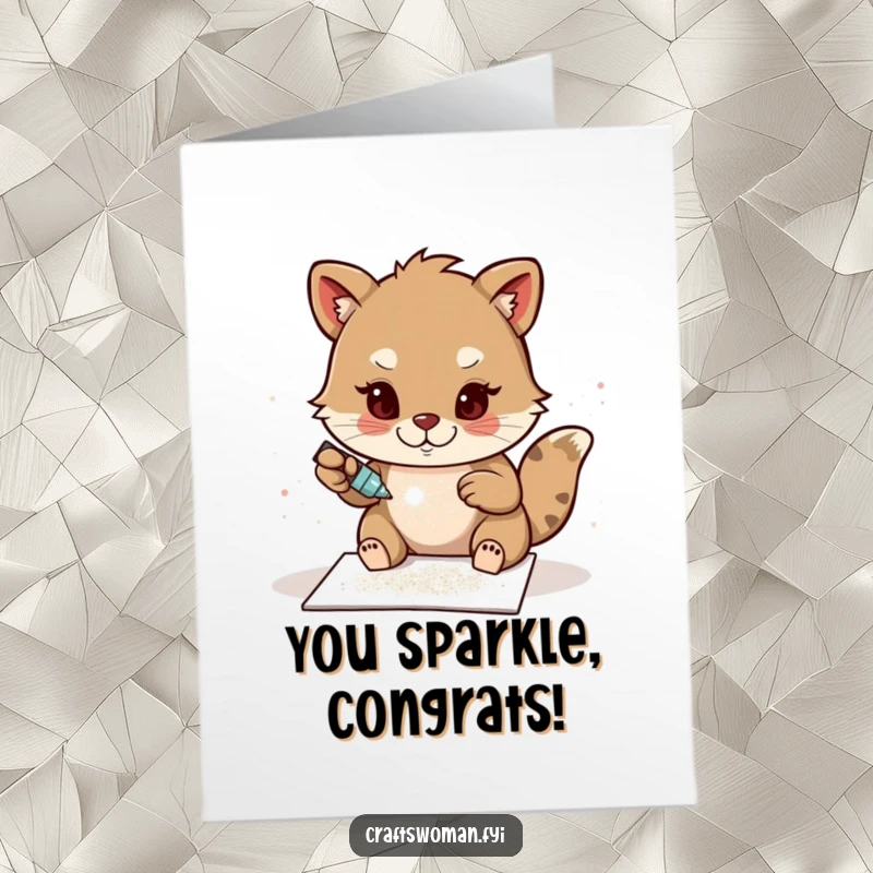 Funny Free Printable Congrats Card: A determined animal character precisely glues shimmering glitter onto a handmade card, celebrating a bright accomplishment.