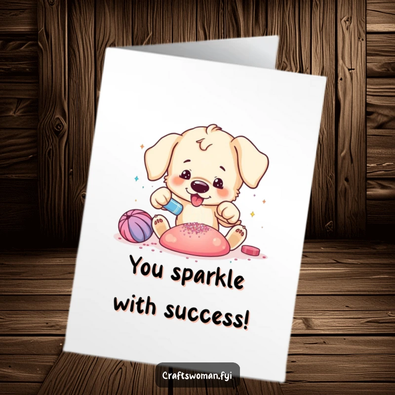 Funny Free Printable Congrats Card: Playful puppy excitedly adding glitter to a vibrant craft creation, celebrating achievement.