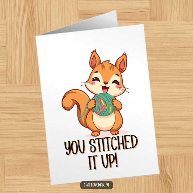 Funny Free Printable Congratulations Card: Cute squirrel mid-stitch with yarn, celebrating achievements with crafty excitement.