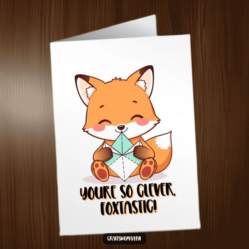 Funny Free Printable Congratulations Card showing a smiling fox carefully folding intricate origami shapes with tiny paws, symbolizing skillful achievement.
